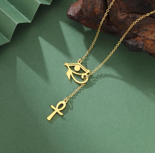 Ankh Cross Y Necklace Key of Life Eye of Horus Pendant Cartouche Long Chain Protection African Coptic Amulet Ancient Egyptian Religious Jewelry Gift for Women Men - color: Ankh Cross Eye of Horus gold