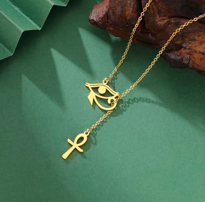 Ankh Cross Y Necklace Key of Life Eye of Horus Pendant Cartouche Long Chain Protection African Coptic Amulet Ancient Egyptian Religious Jewelry Gift for Women Men - color: Ankh Cross Eye of Horus gold