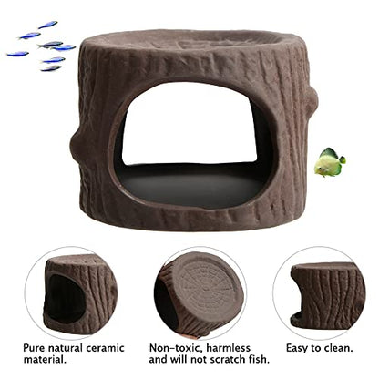 Saim Ceramic Betta Cave, Handcrafted Natural Tree Stump Fish Tank Decor, Aquarium Hideout for Betta Fish Shrimp Cichlid, Aquarium Decorations Breeding Cave with Large Opening