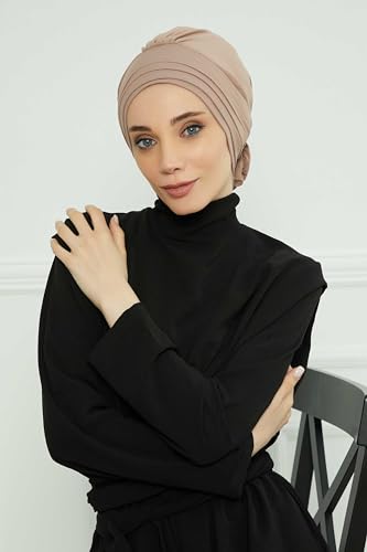 Aisha's Design Instant Turban Head Wraps for Women, Combed Cotton Scarf Lightweight Pre tied Hijab with Back Rose Detail - color: Cappuccino