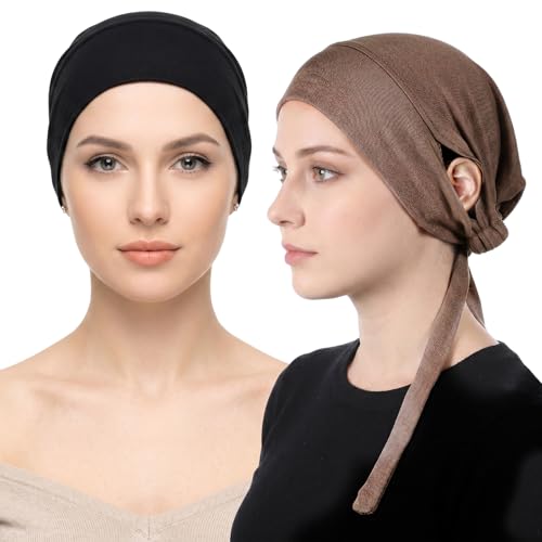 2 Pcs Women Hijab Undercap, Islamic Muslim Under Hijab Cap, Black, Khaki