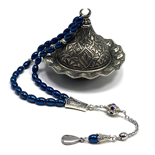 -Gentle Men Collection- Prayer Beads-Worry Beads-Tesbih-Tasbih-Tasbeeh-Misbaha-Masbaha-Subha-Sebha-Rosary (Non-Magnetic Blue Drum Hematite -6x9 mm- 33 Beads) - color: Non-Magnetic Blue Drum Hematite -6x9 mm- 33 Beads