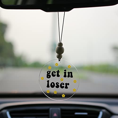 Talataca Get in Loser 2D Flat Car Ornament & Wood Beads, Daisy Funny Quote Beaded Rear View Mirror Accessories, Rearview Hanging Charm, Christmas Tree Decor - color: 19