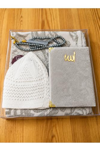 Prayer Rug Set with Prayer Beads, Yasin Book, and Kufi Cap - Spiritual Gift Set for Men and Women - Includes Velvet Prayer Mat, 99 Beads, Book, and Cap - appropriate for Hajj, Umrah, Mevlid, and Speci