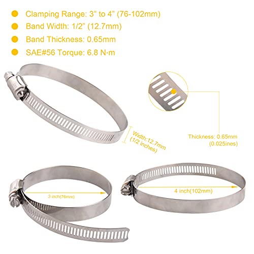 WINL 3.5'' Stainless Steel Hose Clamps- 8 Pack SAE 56 Worm Gear Drive Hose Clamps 3 Inch to 4 Inch (76mm-102mm) for Automotive Plumbing, 3 1/2'', 3 3/4’’, 3 1/4'' Clamps - size: SAE#56 ( 3" ~ 4" )