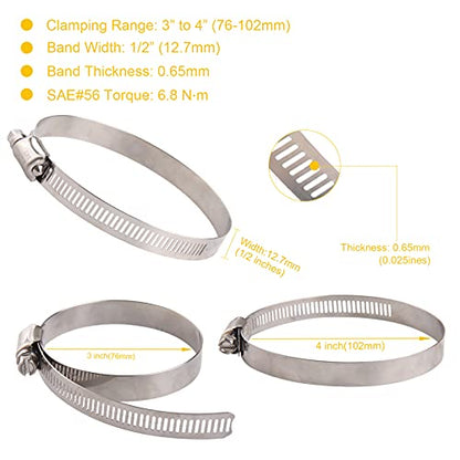 WINL 3.5'' Stainless Steel Hose Clamps- 8 Pack SAE 56 Worm Gear Drive Hose Clamps 3 Inch to 4 Inch (76mm-102mm) for Automotive Plumbing, 3 1/2'', 3 3/4’’, 3 1/4'' Clamps - size: SAE#56 ( 3" ~ 4" )