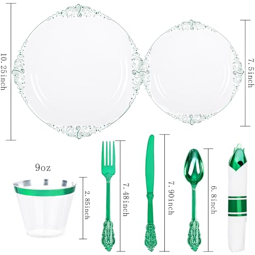 Hioasis 175pcs Clear and Green Plates - Green Party Plates for 25 Guest, Include 50 Heavy-duty Plates(20% Thicker Than Standard), 25 Pre Rolled Gold Plastic Silverware Set, 25 Cups - color: Clear and Green