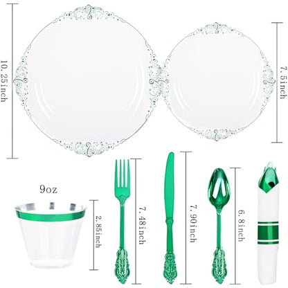 Hioasis 175pcs Clear and Green Plates - Green Party Plates for 25 Guest, Include 50 Heavy-duty Plates(20% Thicker Than Standard), 25 Pre Rolled Gold Plastic Silverware Set, 25 Cups - color: Clear and Green