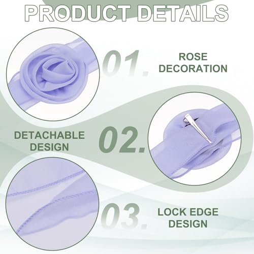 Chiffon Scarf for Women, Long Skinny Chiffon Neckerchief with Detachable Rose Flower Light Soft for Hair Ribbon - color: Lavender