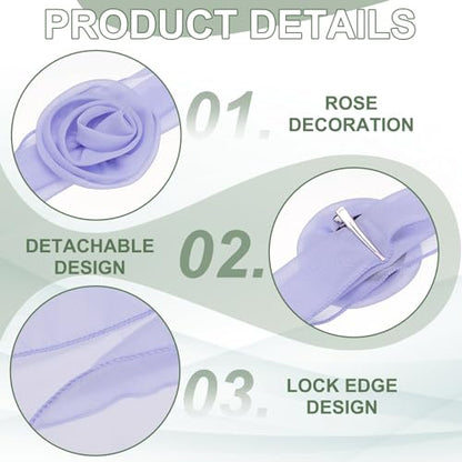 Chiffon Scarf for Women, Long Skinny Chiffon Neckerchief with Detachable Rose Flower Light Soft for Hair Ribbon - color: Lavender