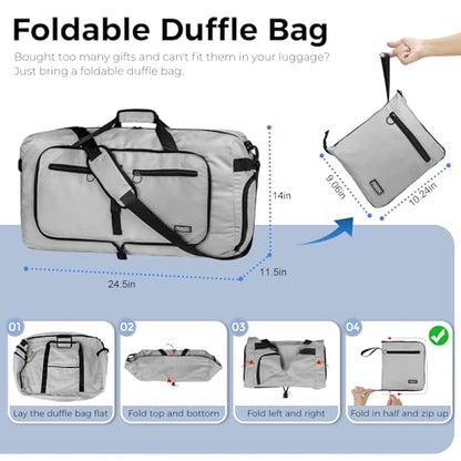 Fmeida 65L Duffle Bag with Shoes Compartment, Foldable Travel Duffel Bags for Men Women, Large Packable Travel Bag Water Repellent & Tear Resistant (Light Gray) - color: Glossy Light Gray