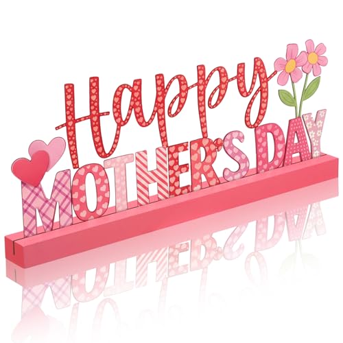 Yaocom 13.78 Inch Metal Happy Mothers Day Sign Mother's Day Table Decorations Holiday Tiered Tray Letter Sign Mom Table Centerpiece with Wooden Base for Home Shelf Mantel Office Kitchen Party Decor - style: Mothers Day