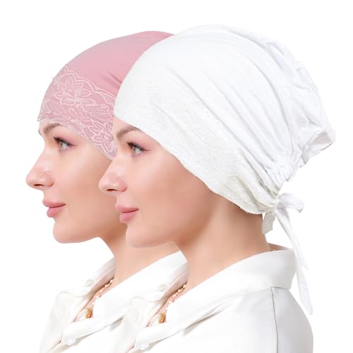 Muslim Hijab Undercap Women Underscarf Hijab Cap Islamic Turbans Scarf Inner Cap Eid Headscarf Hijab Bonnet - color: White+pink