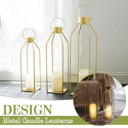 HPC DECOR 모던 팜하우스 랜턴 장식 - 55.9cm(22인치) 48.3cm(19인치) 40.6cm(16인치) 높이 대형 골드 메탈 캔들 랜턴 홈 데코용 - 랜턴 장식, 거실, 야외, 벽난로 맨틀 장식용 타이머 깜박이는 양초 포함 - size: 22inch,19inch and 16inch（Gold）