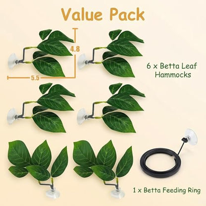 6 PCS Betta Leaf Hammocks & Feeding Ring, Betta Feeding Ring with Suction Cups, Aquarium Leaf Hammock Resting Bed for Fish Spawning, Breeding & Tank Decor & Fish Tank Accessories