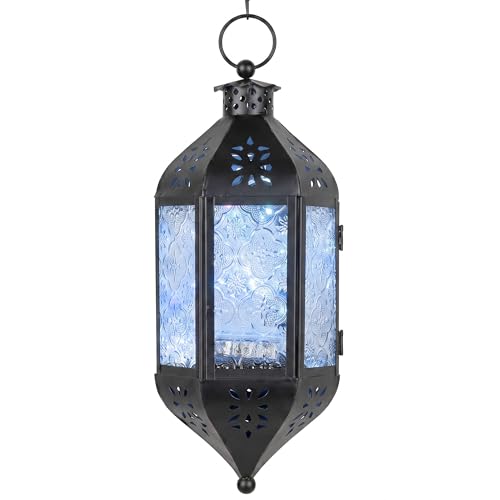 Vela Lanterns Hanging Moroccan Lantern with LED Twinkle Fairy Lights - Exotic Decorative Patio & Porch Decor, Indoor Outdoor Candle Lamp Holder with Chain (13" Large, Clear Glass) - color: Clear, size: Large