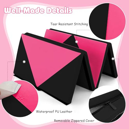 Goplus Gymnastics Mat, Folding Tumbling Mat with Carry Handles, Hook & Loop Fasteners, 4 Panels for Fitness Exercise Yoga Stretching Aerobics Workouts, Thick Gym Mats for Home - color: Rose&Black