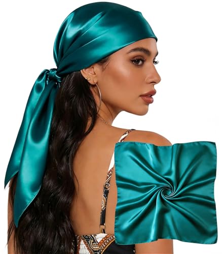 Sumolux Head Hair Scarf for Women 35" Like Satin Silk Scarf Hair Wrapping Night Bandana Large Square Scarves - color: A Solid Peacock Blue