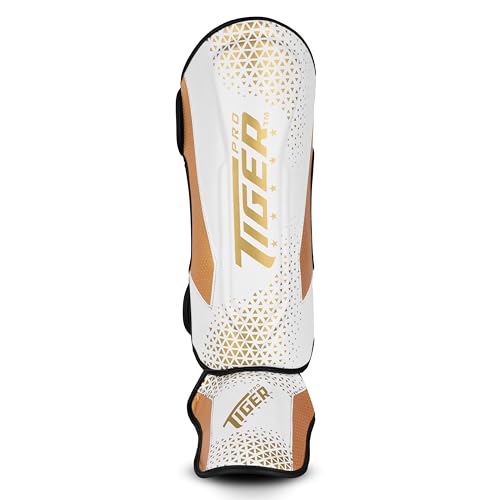 Shin Guards MMA, Muay Thai, Kickboxing, Leg Instep Protection Pads, Kicking, Sparring, Training Gear, Karate, Boxing, Taekwondo - Unisex - Black and White Colors - color: White/Gold, size: Large
