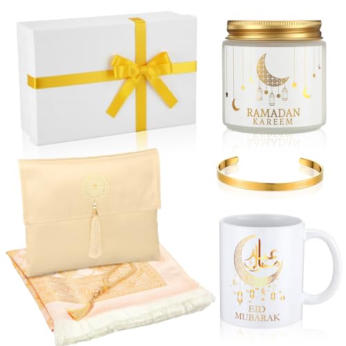 Frienda 6 Pcs Islamic Ramadan Eid Gifts Muslim Prayer Rug with Tasbih Eid Mubarak Mug Ramadan Scented Candles Allah Gold Bangles Bracelets Islamic Gift Box for Muslim Men and Women