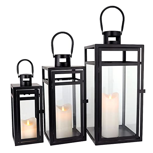 TRIROCKS Stainless Steel Lantern Set of 3 - Assorted Sizes (12/15/19 Inch) - Tall Metal Hanging Lanterns with Clear Glass Panels, Indoor & Outdoor Home Decor for Parties & Events - Black Finish - color: Black