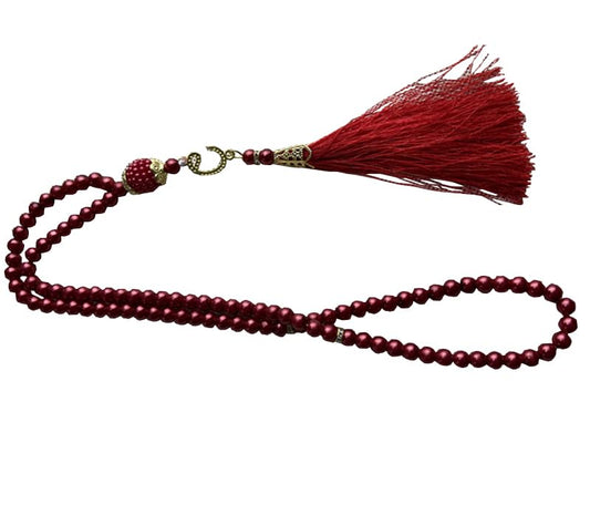 Tasbih Muslim Prayer Praise Beads, 6mm 99 Beads Glass Pearl Muslim Rosary Bracelet with Tassel, Natural Bead Pearls Tassel Pendant, Men Women Meditation Jewelry (Dark Red) - color: Dark Red