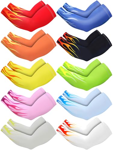 Tisancy 10 Pairs Sun Protection UV Arm Sleeves Cooling Anti Slip Compression Sleeves Sports Polyester Cycling Covers - size: Large, style: Fire Style