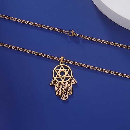 Hamsa Hand of Fatima Hexagram Necklace Star of David Evil Eye Pendant Jewish Female Protection Amulet Symbol Jewelry Women Men - color: gold