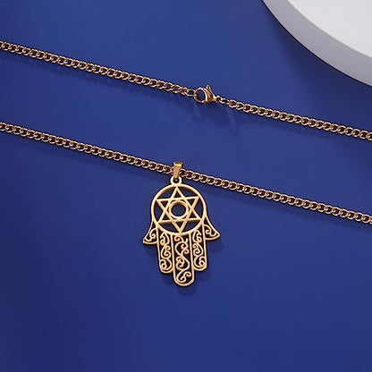 Hamsa Hand of Fatima Hexagram Necklace Star of David Evil Eye Pendant Jewish Female Protection Amulet Symbol Jewelry Women Men - color: gold