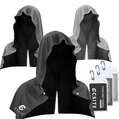 CSITE 3 Pack Cooling Hoodie Towels for Neck and Face, UPF 50 Sun Protection & Instant Cooling, Ice Towels for Hot Weather, Soft Breathable Towel for Sport, Work Out, Gym, Camping & More Activities - color: Black/Dark Gray/Gray