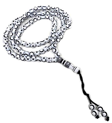 Muslim Tasbih 99 Beads AMN-238 Islam Prayer Rosary with Moon Star Engraved on Islamic Religious Eid Ramadan Gift - color: White