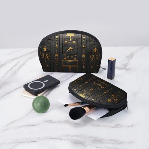 Egyptian Hieroglyphic 2-Piece Shell Makeup Bag Set, Large Capacity Travel Cosmetic Bag For Women With Zipper, Waterproof Polyester Toiletry Organizer Pouch For Purse, Travel, Gym & Daily Use - color: Egyptian Hieroglyphic