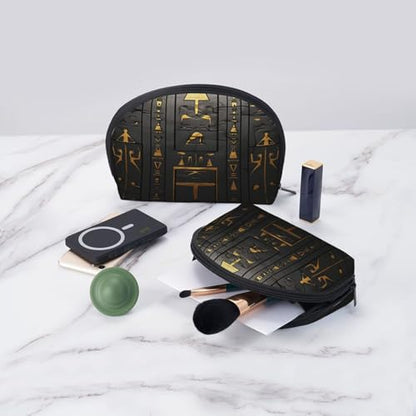 Egyptian Hieroglyphic 2-Piece Shell Makeup Bag Set, Large Capacity Travel Cosmetic Bag For Women With Zipper, Waterproof Polyester Toiletry Organizer Pouch For Purse, Travel, Gym & Daily Use - color: Egyptian Hieroglyphic