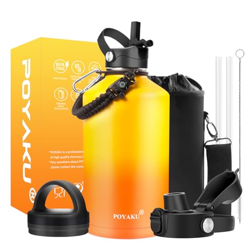 Water Bottle Insulated 32oz 40oz 64oz 128oz Straw Lid Spout Lid & 3 Lids, Leak Proof, Vacuum Insulated,Stainless Steel Water Bottle Wide Mouth for Sports, Gym or Office - color: Yellow Orange, size: 64 Ounces
