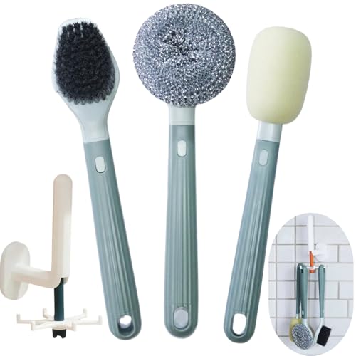 Dish Brush Set of 4 with Holder.Interchangeable Heads Kitchen Scrub Brush,Dishwashing Brush Set with Extended Handle,for Cleaning Pots,Pans,Bottles,Cups,Sinks,scrubbers for Dishes.Green