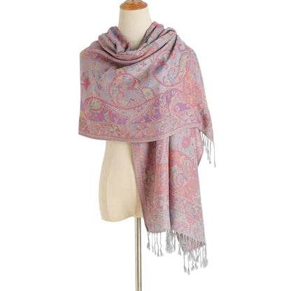 Paisley Pashmina Rave Shawl Scarf-Women's Reversible Ethnic Jacquard Pashmina Wraps for Travel - color: A#. Grey Blue Red