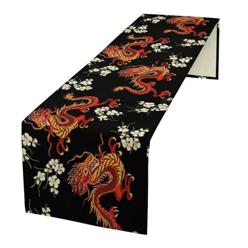 Chinese Red Dragon Table Runner, Japanese Traditional Folk Embroidery Colorful Floral Print Table Runner for Home Kitchen Dining Table Wedding Party Decor, 13x36inch - color: Asian-13, size: W13"x L36"