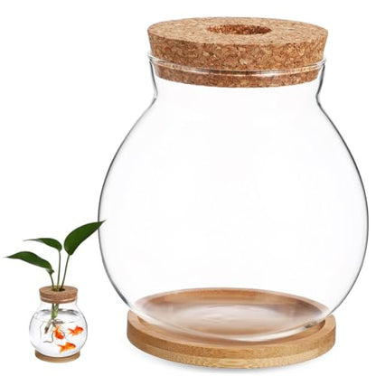 Small Glass Fish Bowl with Wood Lid, Hydroponic Desktop Aquarium Tank 10x11cm with Mat, Mini Planter Fish Tank for Home and Office Decoration
