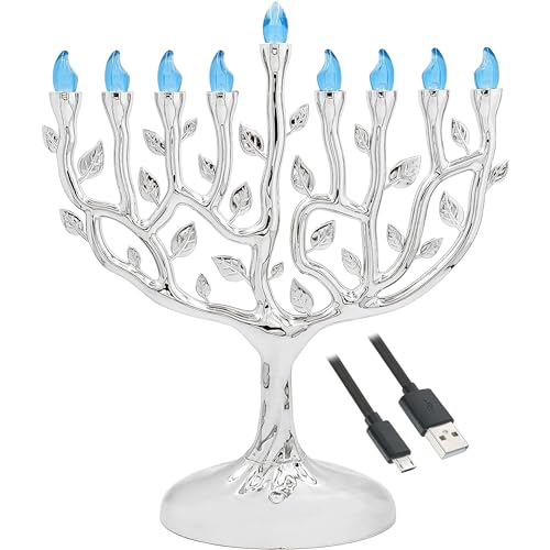 The Dreidel Company LED Electric Silver Hanukkah Tree of Life Menorah - Battery or USB Powered - Includes a Micro USB 4' Charging Cable (1-Pack, Tree of Life Menorah)