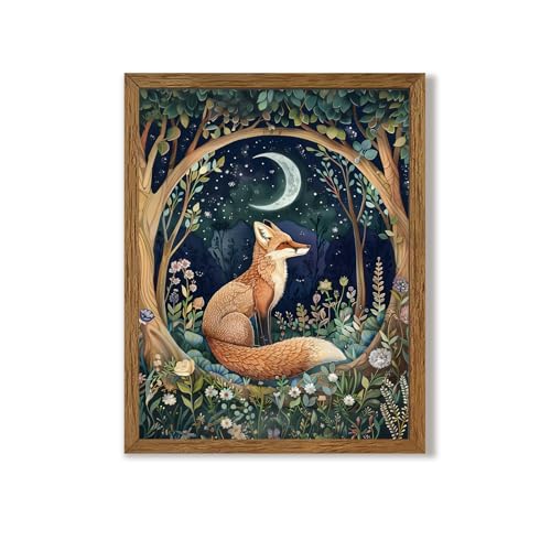 Urmoya Framed Fox and Moon Decor Whimsical Forest Animal Wall Art 8x10 in - color: Fox, size: 10"L x 8"W