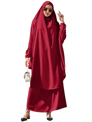 Abayas for Women Muslim Chiffon Prayer Burqa Dress Burkas for Women Muslim Hijab Dress Full Length Islamic Veil Abaya Set - color: Burgundy