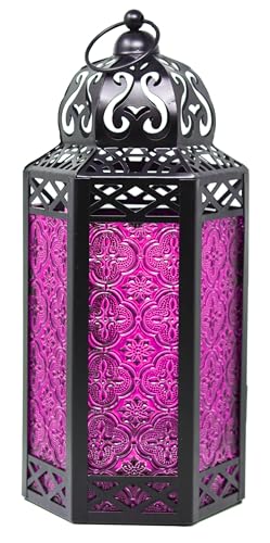 Vela Lanterns Decorative Indoor Candle Holder Table Centerpieces - Moroccan Hanging Outdoor Patio & Porch Home Decor, Turkish Lamp for Wedding, Ramadan (Large 12", Pink Glass) - color: Black/Pink, size: Large