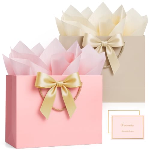 ANZNKU 2PCS Gift Bags for Women Pink & Beige, Medium Gift Bags with Handles 4 Tissue Paper 2 Ribbons 2 Cards for Her Wedding Graduation Birthday Engagement Bridal Baby Shower Party Favors Presents - color: Beige+Pink