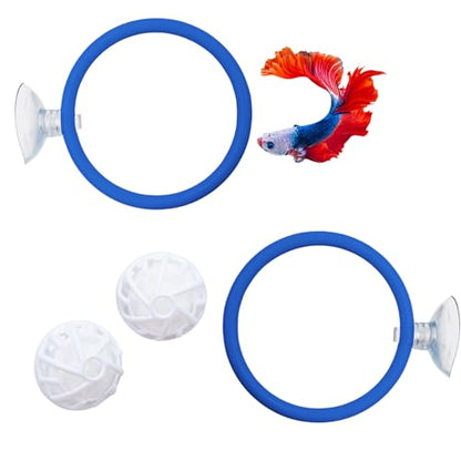 Betta Fish Tank Accessories, 2 Plastic Feeding Rings with Suction Cups and 2 Nitrifying Balls, Betta Enrichment Toys, Fish Tank Decor, Turtle Toys for Aquatic Turtles