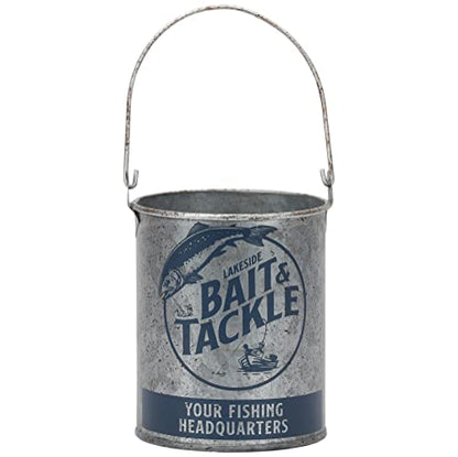 Lakeside Bait and Tackle Metal Bucket - Decorative Fishing Pail for Pencils, TV Remotes or Tools