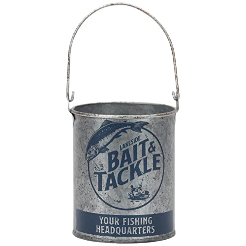 Lakeside Bait and Tackle Metal Bucket | Decorative Fishing Pail for Pencils, TV Remotes or Tools