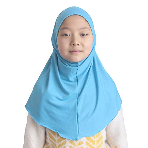 Girls Hijab Muslim Scarf for Kids – Ready to Wear, Solid Color, Soft & Breathable Daily Headwear for Ages 6-11 - color: Sky Blue