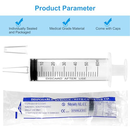 5 Pack 60ml Syringes with Cap, Sterile Syringe Individually Packaged for Labs, Liquid Measuring, Feeding Pets,Oil or Glue Applicator - size: 60 ml
