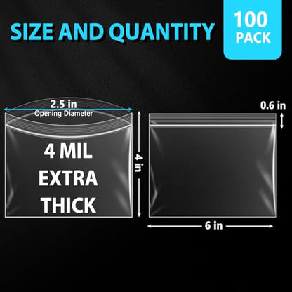 6" x 4" Zip Bags, 4 Mil Heavy Duty Bait Bags Clear Plastic Zipper Lock Sleeves, Pack of 100