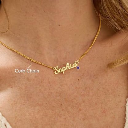 DayOfShe Name Necklace Personalized for Women, 18K Gold Plated Cuban Chain Necklaces Customized with Name as Christmas Girlfriend Gift - color: Name+Birthstone